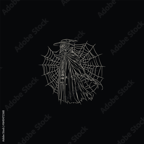 Doctor plague standing with a spider web engraving design vector template illustration