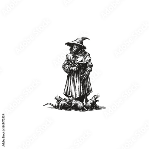 A detailed engraving-style illustration of a plague doctor standing surrounded by rats at his feet. Dark and eerie line work captures the sinister and haunting atmosphere