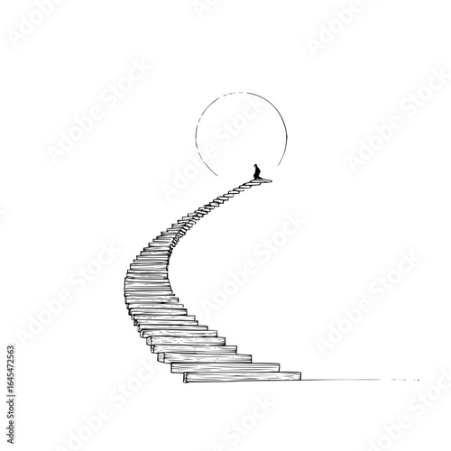 Illustration of stairway to success with person at the top reaching for the moon drawing design concept