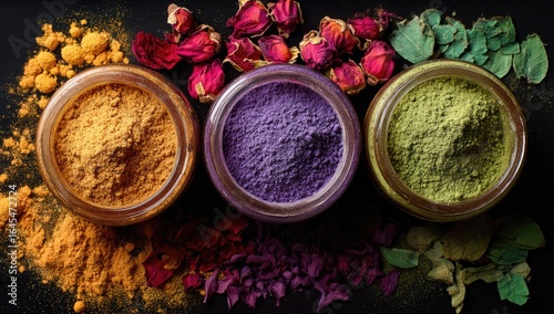 Three glass jars of vibrant yellow, purple, and green powders sit on a dark surface, surrounded by their respective dried flower and leaf components. 