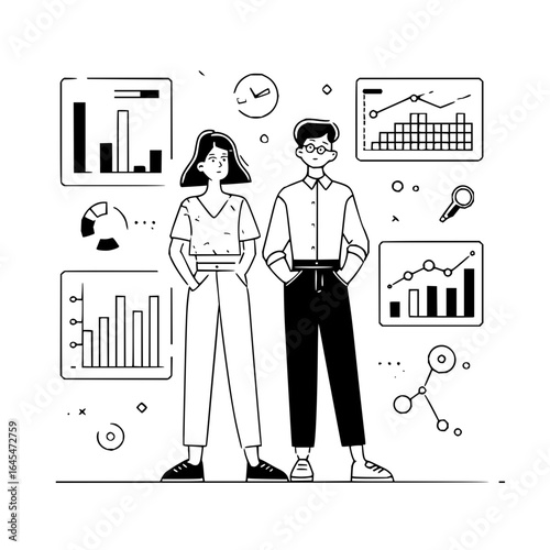 Business data analysis team standing with charts and graphs for financial report and market research firm