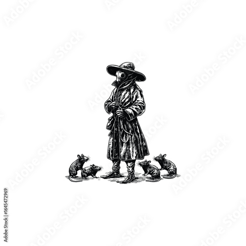 A detailed engraving-style illustration of a plague doctor standing surrounded by rats at his feet. Dark and eerie line work captures the sinister and haunting atmosphere