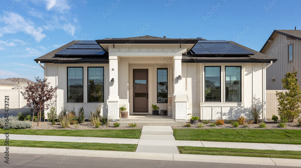 Fototapeta premium A modern and minimalist house with pale cream walls, white trim around windows, dark brown front door, flat roof, solar panels on the gable roof