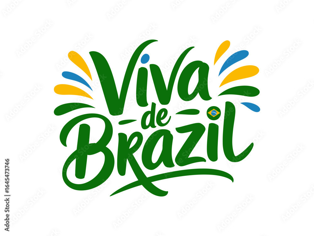 Fototapeta premium Viva de Brazil lettering, bold green brush script, carnival vibe swirls, national pride phrase, festive graphic, vector illustration