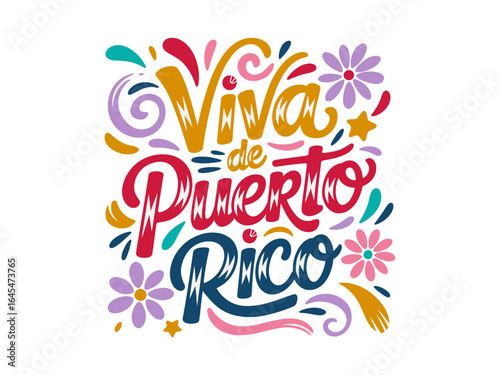 Viva de Puerto Rico lettering, bright multicolor script, island pride message, festive confetti accents, vector illustration