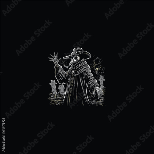 Doctor plague standing in a graveyard engraving logo design vector illustration