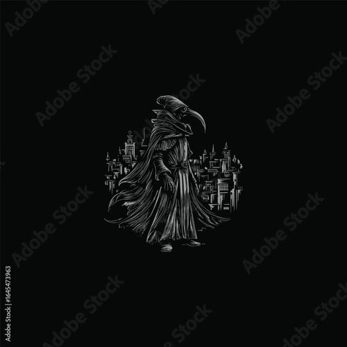 engraving style logo design depicts a plague doctor standing against a city background vector illustration
