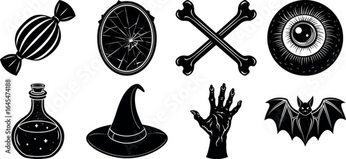 Black and white halloween vector silhouette set with spooky icons.