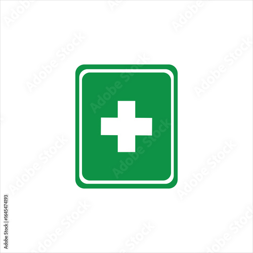 An image of a green first aid box symbol with a white cross, indicating the location of emergency medical equipment.