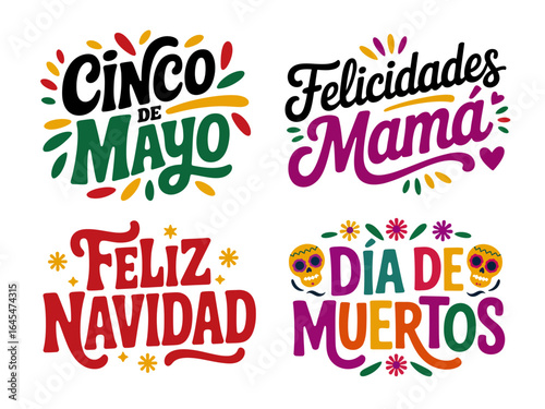 Spanish holiday lettering set cinco de mayo feliz navidad dia de muertos felicidades mama, festive typography vector, celebration phrase collection, bright hand drawn script, isolated background