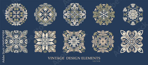 Vector. Collection of vintage ornaments with exquisite baroque pattern, made in creamy beige and blue tones. Suitable for decoration, tattoo, logos, prints, packaging and templates.