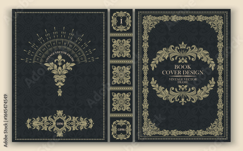 Vector. Elegant vintage cover with a baroque gold pattern and an oval frame on a dark background. Ideal for retro design, historical and art publications. Luxurious classic, emphasizing premium. 