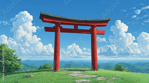 Serene illustration of a red torii gate in a calm landscape with lo fi atmosphere and fluffy clouds during a bright day in the mountains