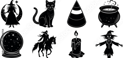 Black and white halloween vector silhouette set with spooky icons.