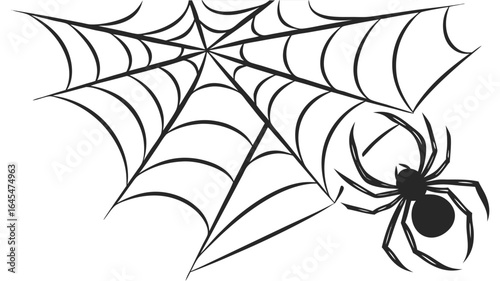 Black Spider and Web Icon – Simple Spider on Web for Halloween, Spooky, and Horror-Themed Design Projects