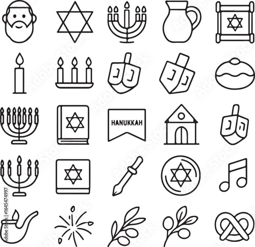Collection of hanukkah symbols and icons in a simple outline drawing style for holiday celebration and jewish traditions