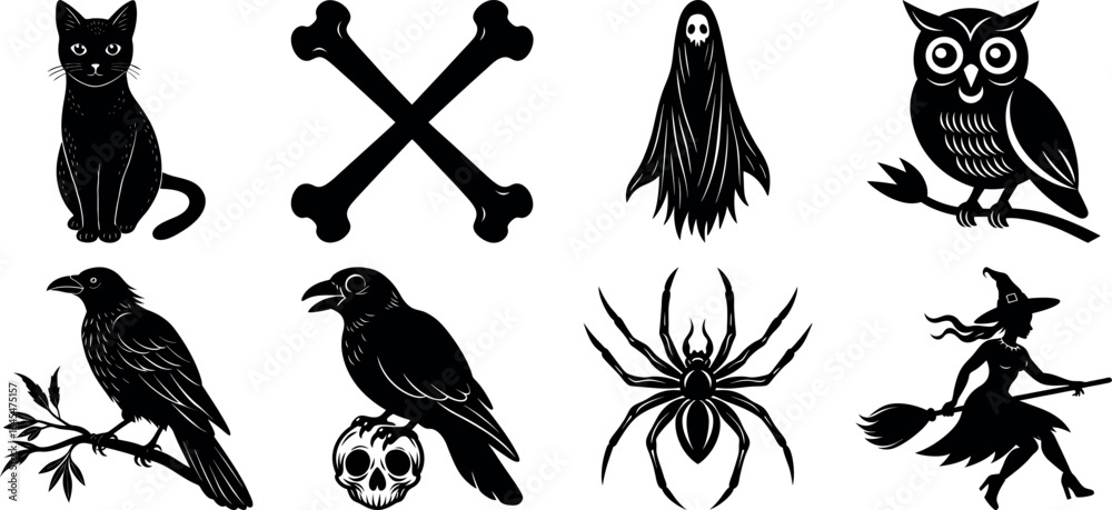 Fototapeta premium Black and white halloween vector silhouette set with spooky icons.