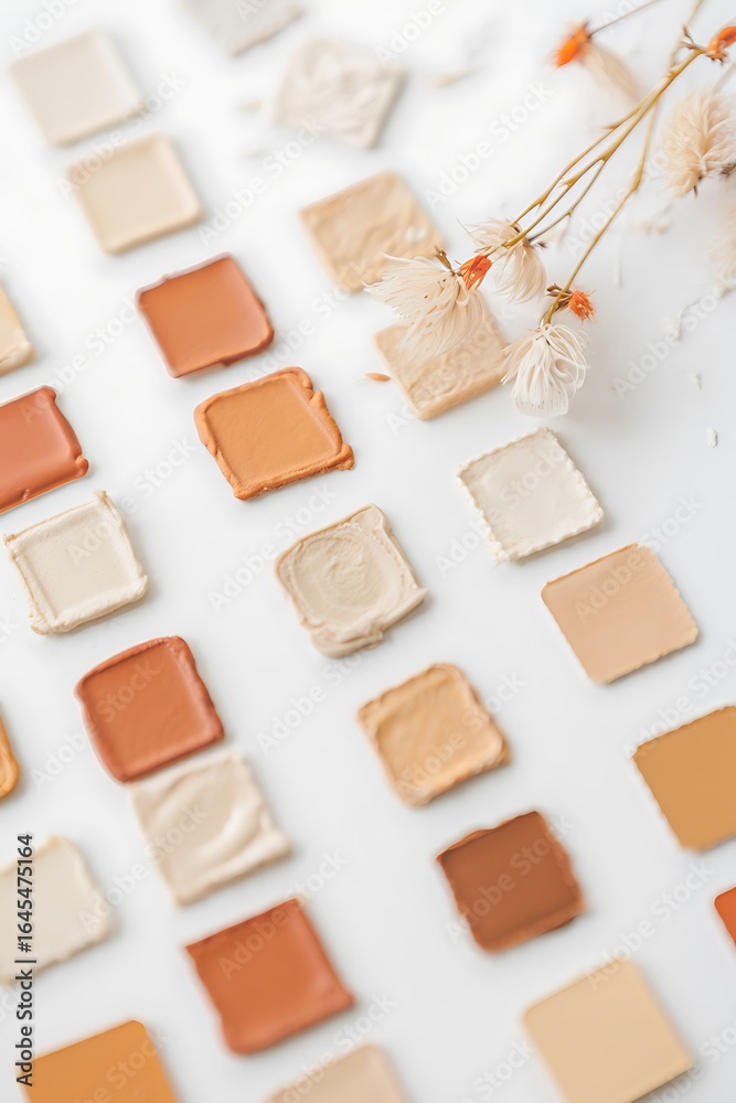 Fototapeta premium Flat Lay of Various Skintone Foundation Swatches with a Dried Botanical Sprig on a White Background
