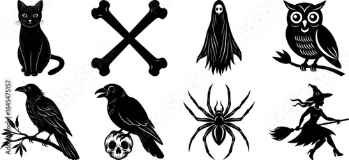 Black and white halloween vector silhouette set with spooky icons.