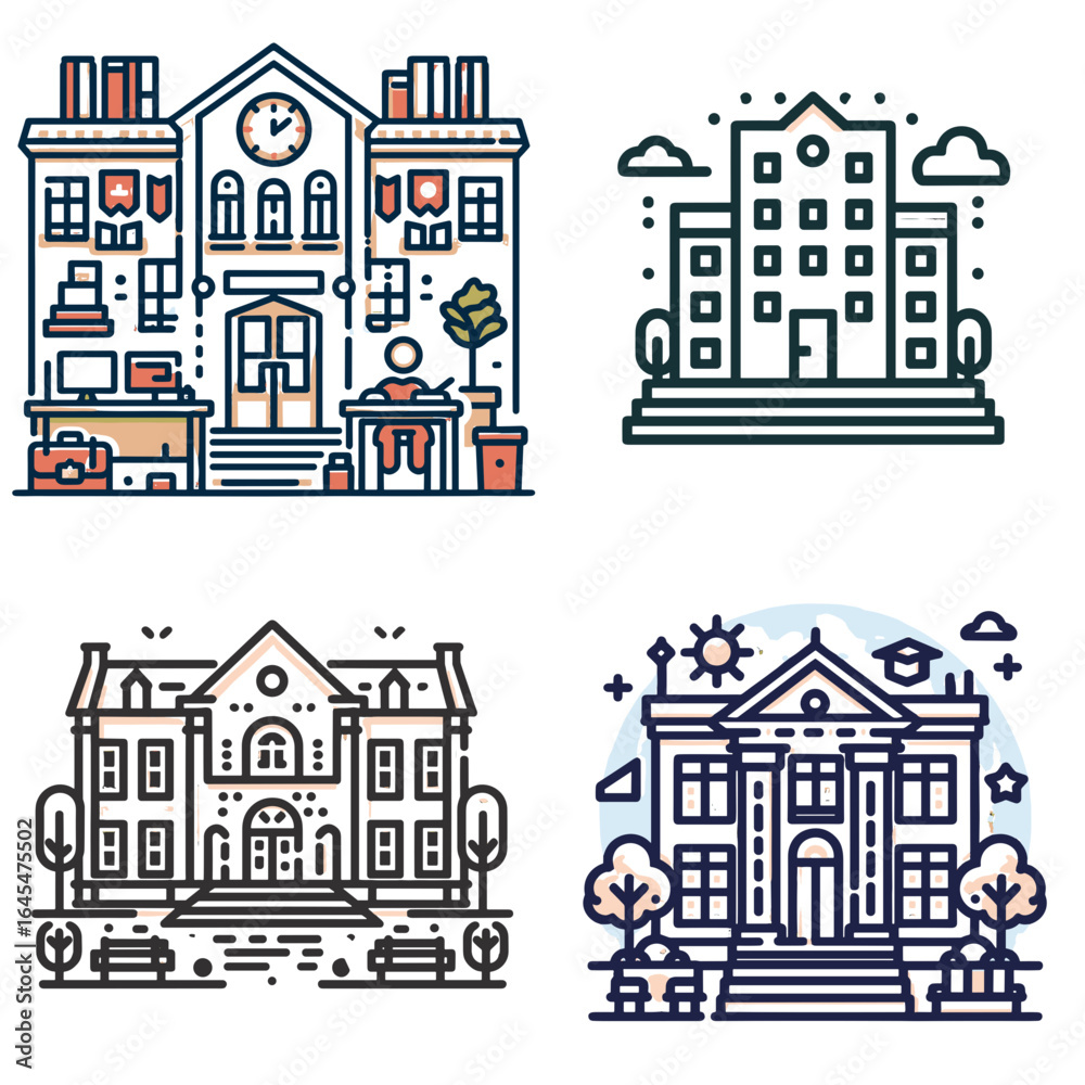 Fototapeta premium Collection of illustrated building designs in various styles 