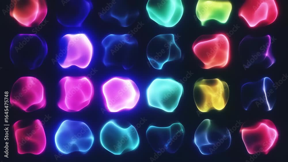 Abstract design of many vibrant, glowing, irregular, translucent shapes against a dark background