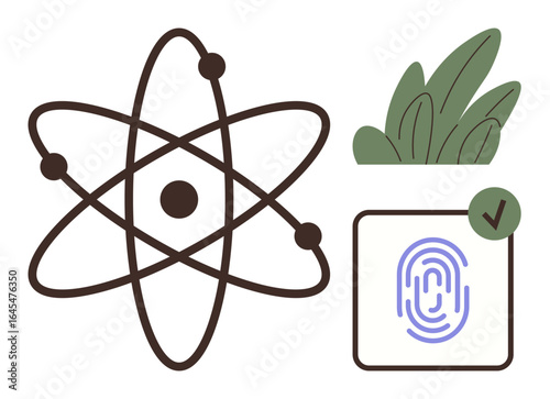 Atom model with orbiting electrons, fingerprint authentication symbol, and green plant. Ideal for technology, biometrics, nature, eco-solutions, security clean energy innovation. Simple flat