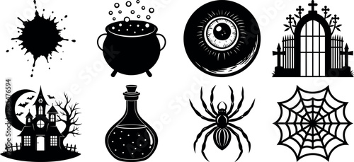 Black and white halloween vector silhouette set with spooky icons.