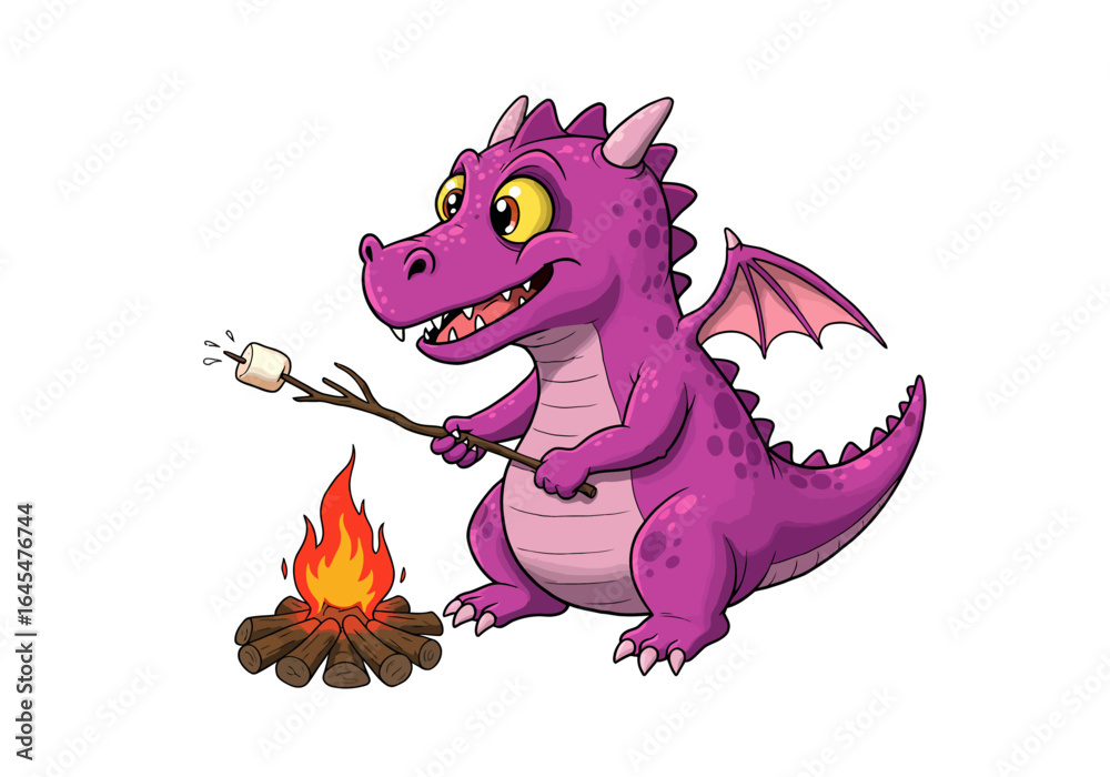 Fototapeta premium Cartoon Purple Dragon Roasting Marshmallow by Campfire