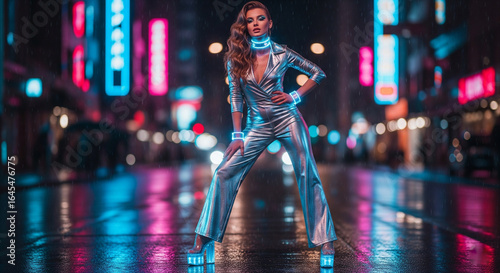 Retro-futuristic woman in 1970s metallic jumpsuit with glowing accessories on neon city street, cinematic cyberpunk fashion photography