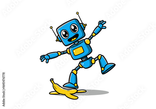 Cartoon Robot Slipping on Banana Peel, Falling Down
