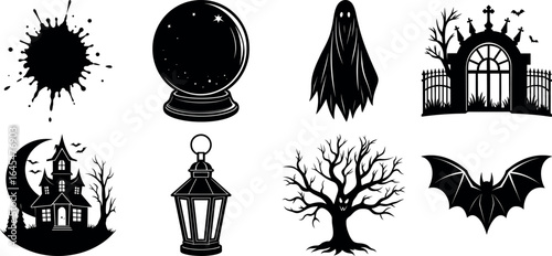 Black and white halloween vector silhouette set with spooky icons.