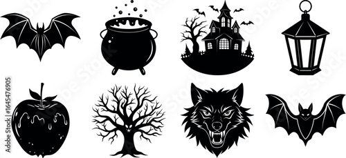 Black and white halloween vector silhouette set with spooky icons.