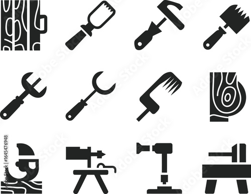 Diverse set of carpentry and woodworking tools illustrated in bold silhouettes for skilled craftsmanship and creative woodworking projects