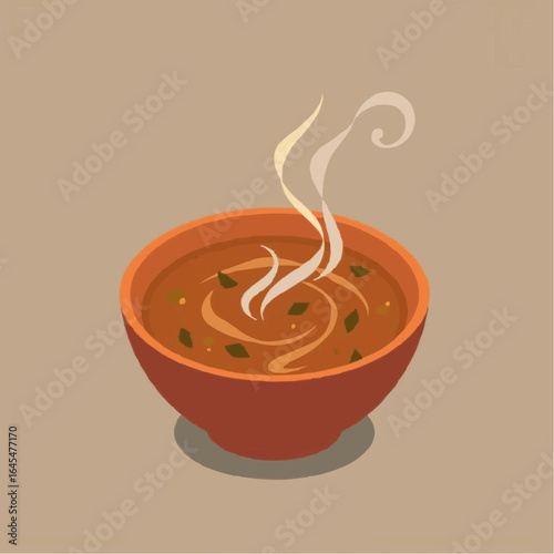 Bowl of steaming soup with herbs on neutral background  