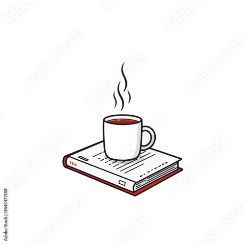 Minimalist tea mug on recipe book with steam, cozy ambiance