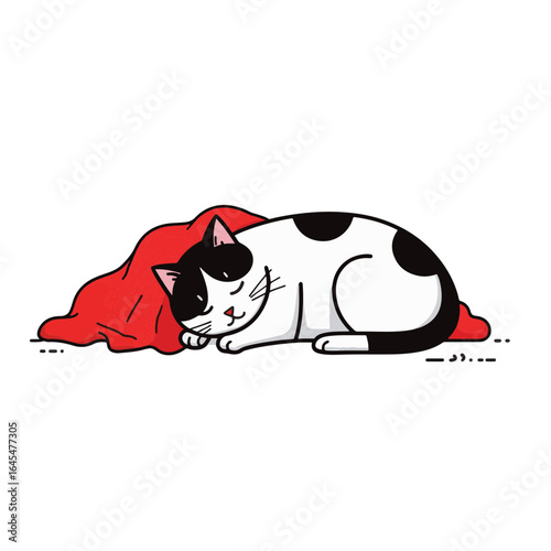 Sleeping cat on laundry pile with red blanket, cozy comfort