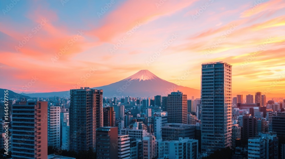 Obraz premium Vibrant cityscape with towering skyscrapers and modern architecture against a backdrop of a majestic mountain peak captured during a dramatic sunset with vibrant orange and pink hues in the sky