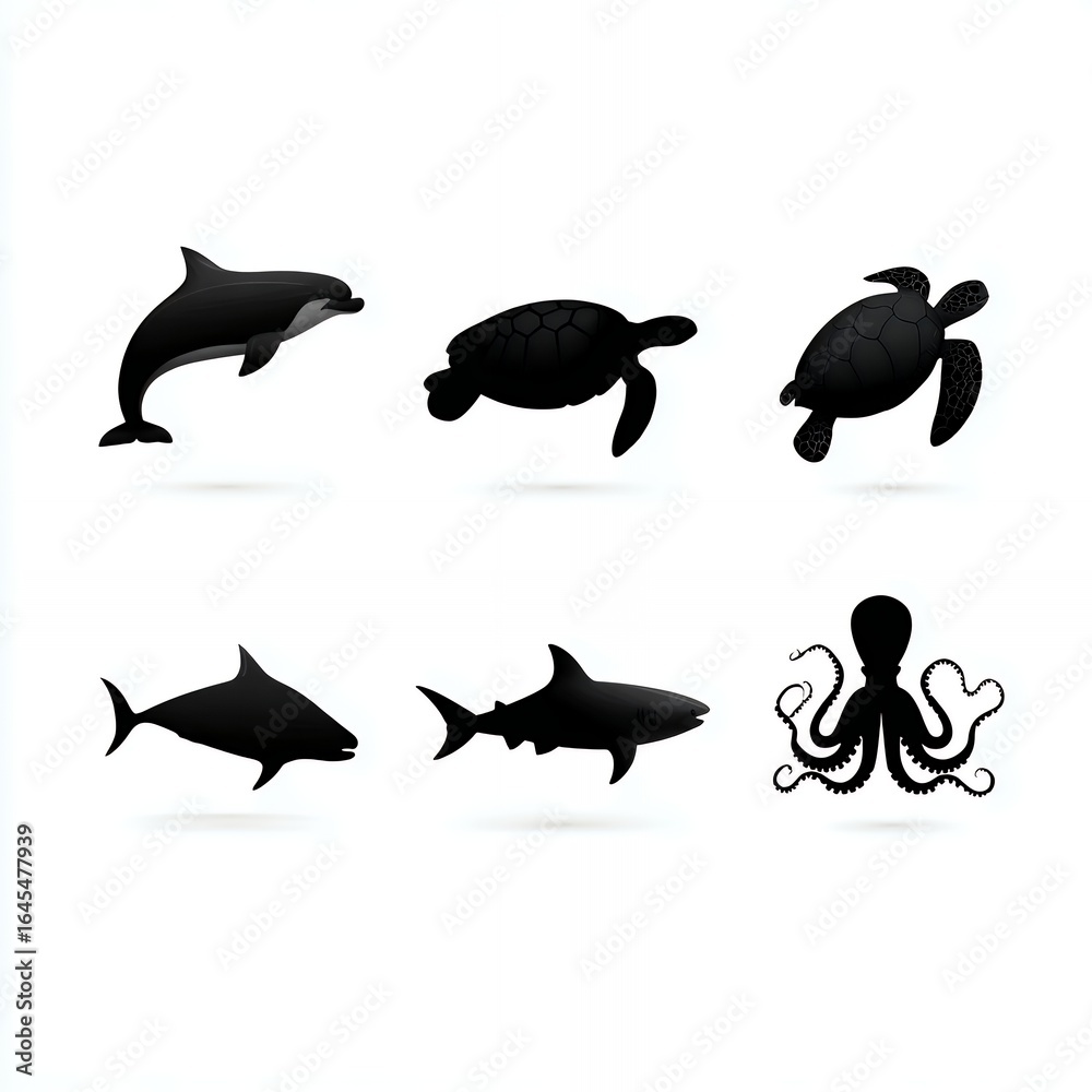 Fototapeta premium Silhouettes of Marine Animals Including Dolphin, Whale, and Octopus