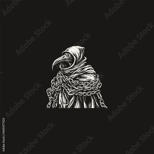 A dark engraving-style illustration of a plague doctor entangled in chains. Detailed linework emphasizes the eerie and mysterious atmosphere