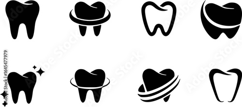 Dental care icons featuring teeth with various treatments and sparkles tooth hygiene