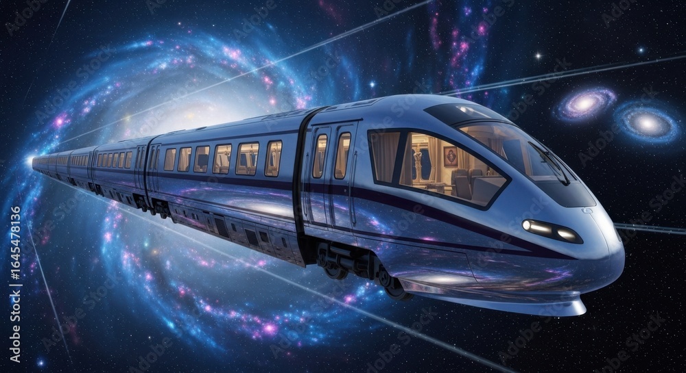 Fototapeta premium Futuristic High-speed Train Traveling Through Space with Galaxy Background