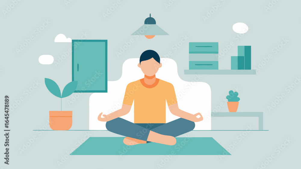 Fototapeta premium Man meditating in lotus position at home interior