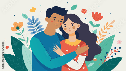 Young couple hugging outdoors with whimsical floral elements