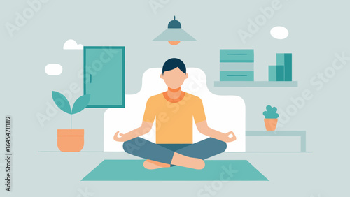 Man meditating in lotus position at home interior