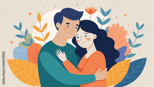 Couple embracing surrounded by autumn leaves