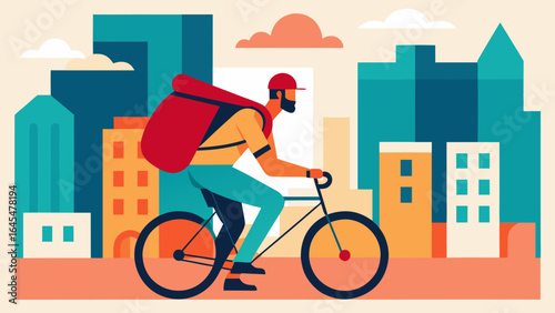 Courier riding bicycle for food delivery in city