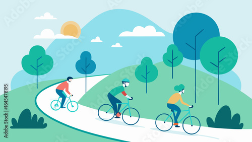 People cycling on road through scenic nature