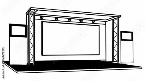 Illustration of a stage with a large screen, truss supports, and stage lighting setup in black and white