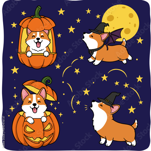 Cute Halloween Corgi Dog Illustrations with Pumpkins, Witch Hats, and Moon on Starry Night
