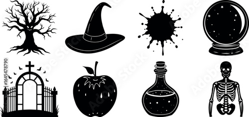 Black and white halloween vector silhouette set with spooky icons.